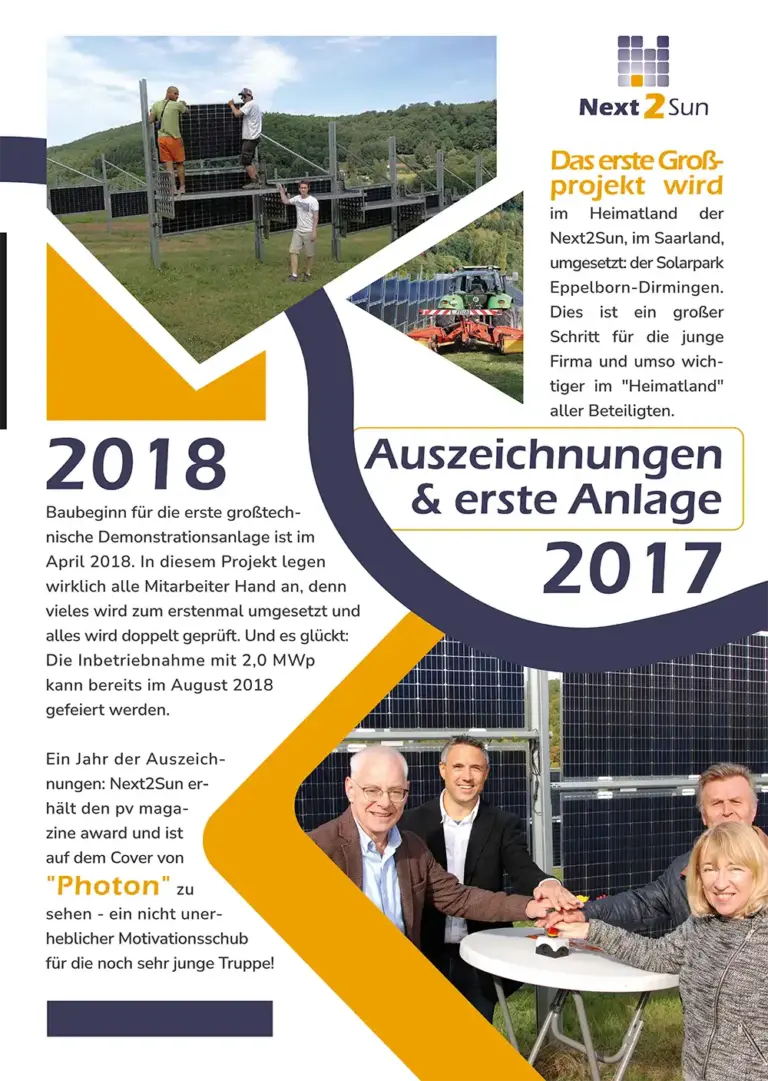 Next2Sun Milestone im Jahr 2017 und 2018: Mit dem Solarapark Eppelborn-Dirmingen Umsetzung des ersten Großprojektes mit 2 Megawatt-Peak.